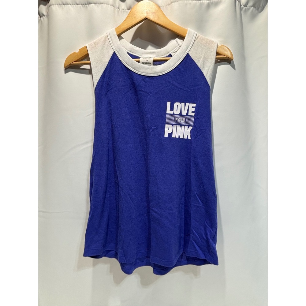 PINK Victoria's Secret Tank Top Women Small Blue White Love Pink Raglan Shirt